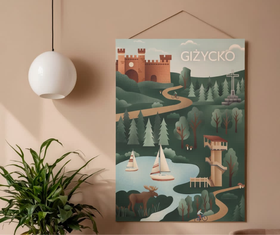 Plakat Giżycko - wieża i jezioro